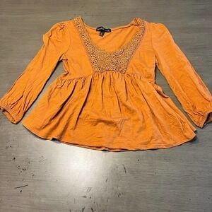Derek Heart Womens Small Peasant Top Orange Crochet V Neck Long‎ Sleeve Blouse